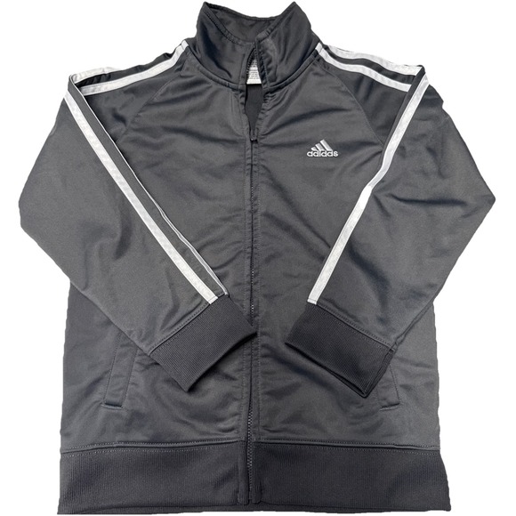 Adidas Youth 7 Gray Jacket Full Zip Track Jacket White Strips Logo High Neck - Picture 1 of 4